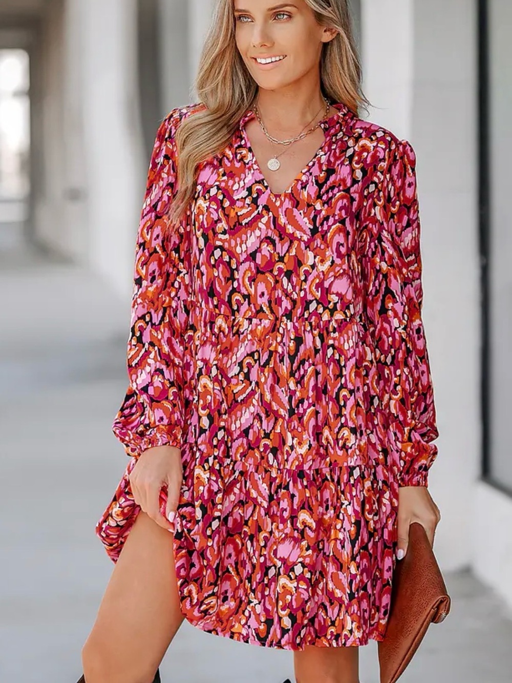 Cupshe Pink Orange and Black Floral Print Long Sleeve Mini Dress M NWT